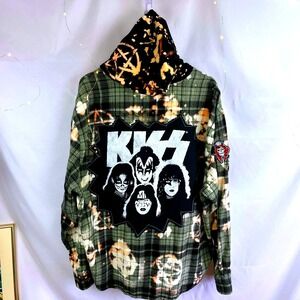UPCYCLED Flannel Shirt Mens 2X KISS Band Tee Patch Goth Rockabilly Hoodie Punk